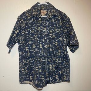 Woolrich Rugged Outdoorwear Vintage Short Sleeve Shirt Fishing Print Sz Large